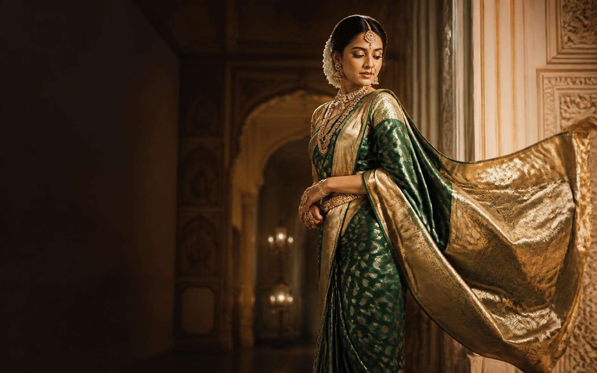 Bride wearing an emerald and gold handwoven silk saree in a heritage palace hall